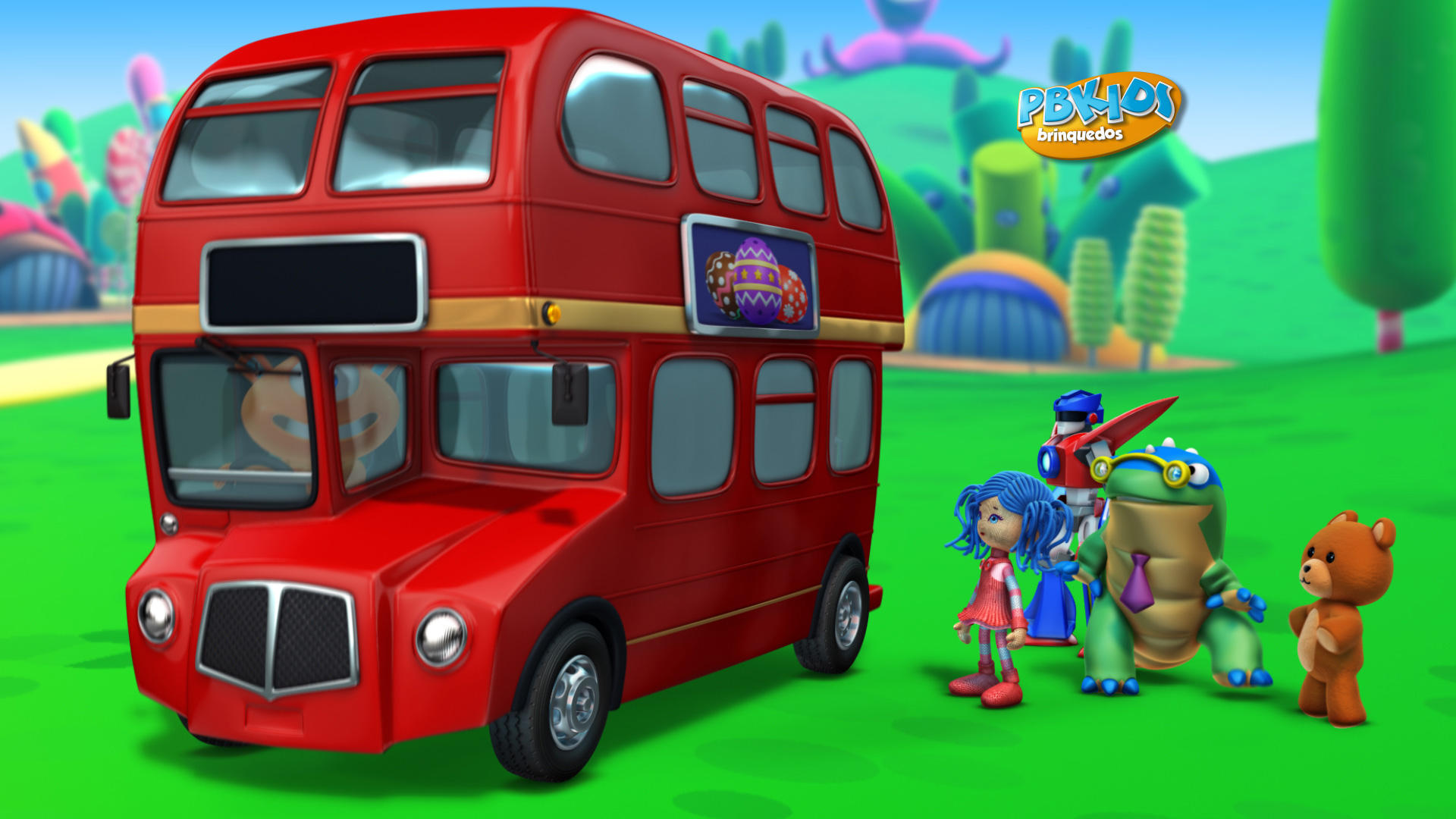 Na imagem, o mascote Pebê convida outros brinquedos a entrarem no ônibus.
