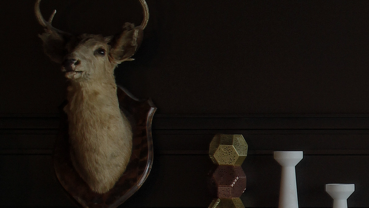 Na imagem há uma cabeça de cervo empalhada em uma parede junto à outros ornamentos.