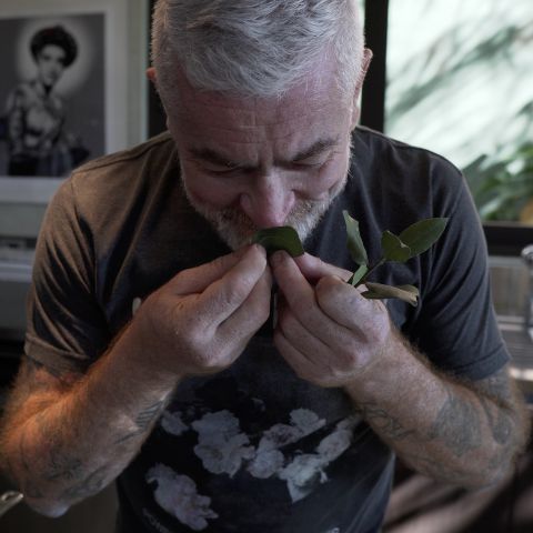 Chef Alex Atala cheira folhas de louro na cozinha de sua casa