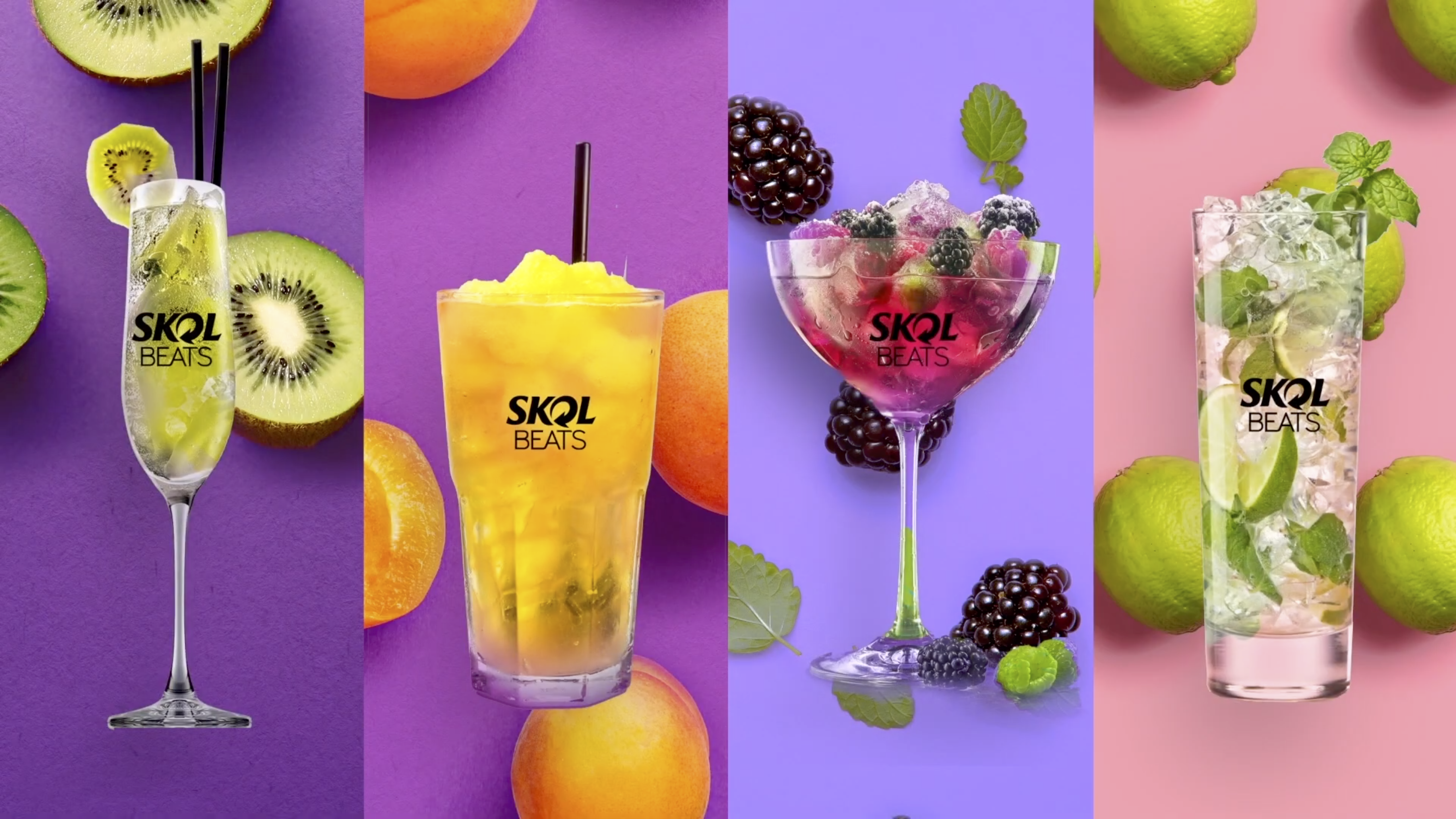 Imagem com 4 drinks de Skol Beats, com fundos coloridos e frutas.