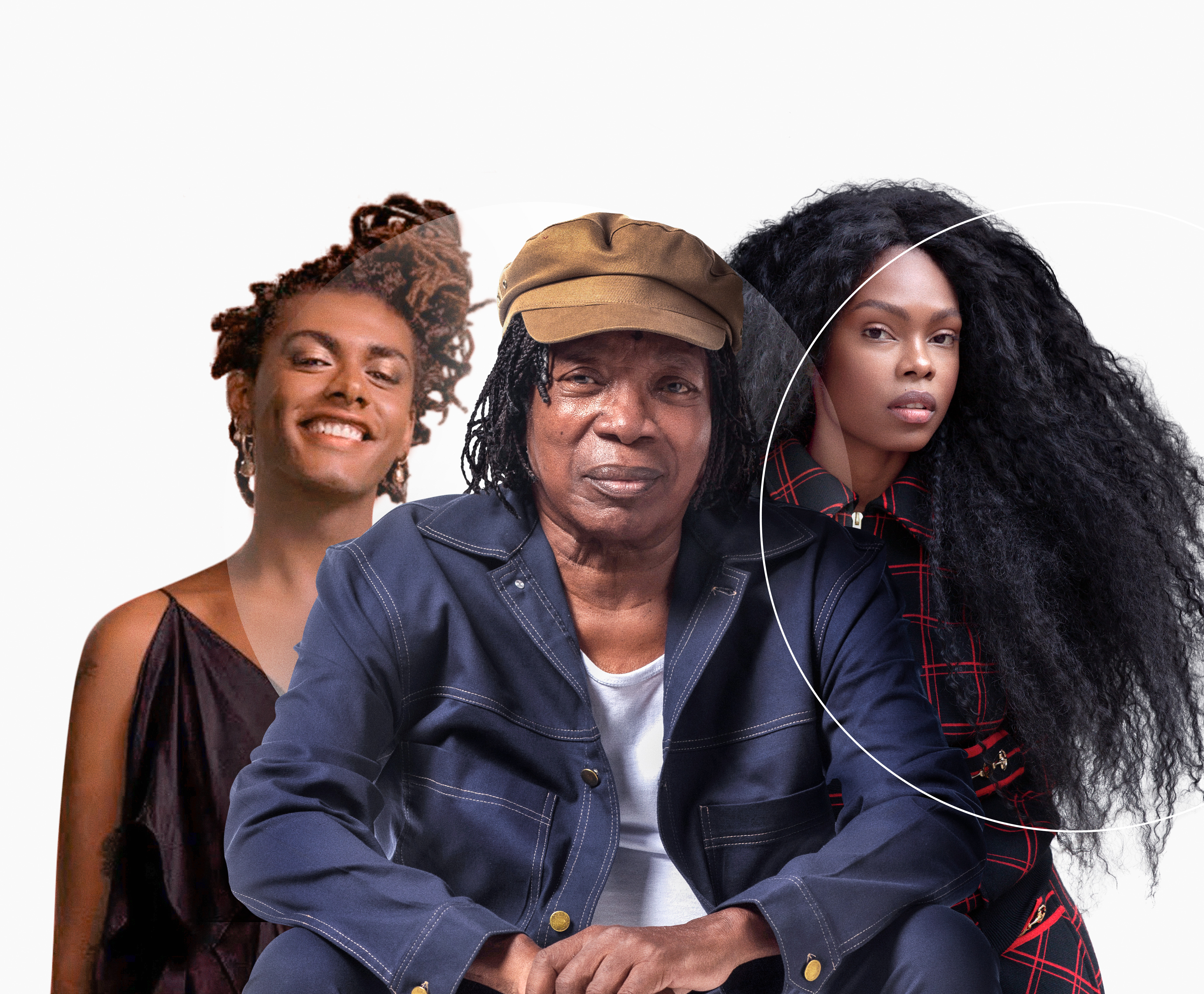 Imagem dos cantores Milton Nascimento, Liniker e Xenia França, juntos, num fundo cinza, com logo da Mastercard em marca d'água.