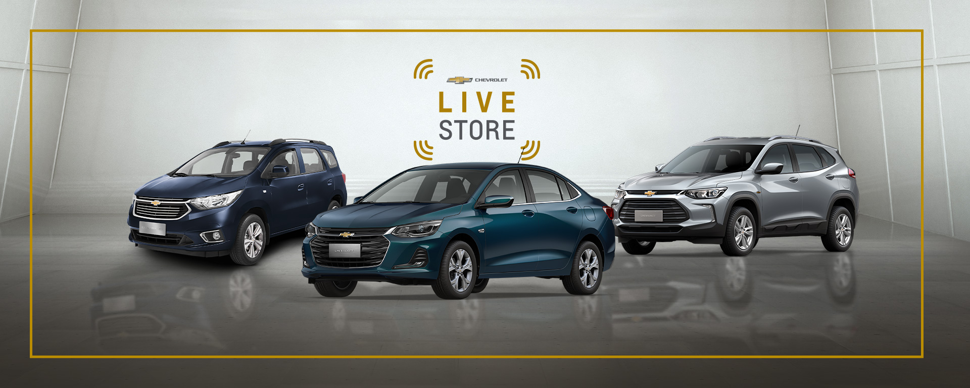 Na imagem aparecem três modelos de veículos da Chevrolet, com os dizeres 'Chevrolet Live Store'.
