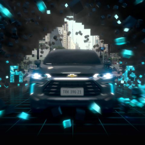 Na imagem, o Novo Chevrolet Tracker aparece como se estivesse saindo de um jogo de vídeo game