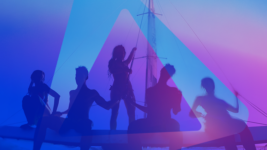 Imagem com a sombra de 5 pessoas em um barco, com logo de Beats em marca d'água e fundo de cor roxa e azul
